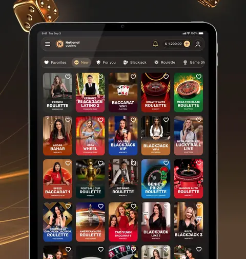 National Casino live casino lobby on a tablet