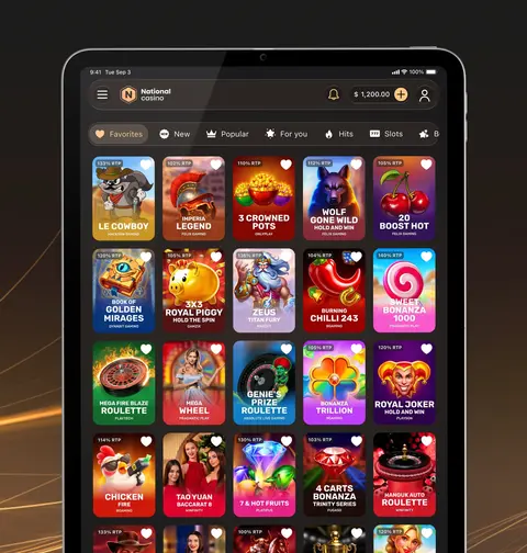 National Casino game lobby on a tablet